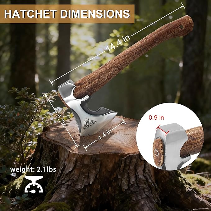 Camping Hatchet -Chopping Axe with Leather Sheath, 14.4" Forged Carbon Steel Wood Splitting Axe for Chopping Camping Survival