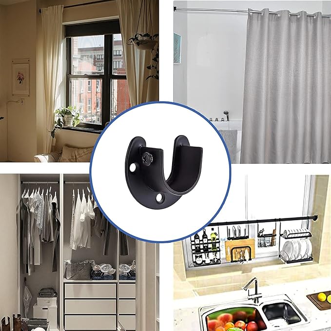 Rise Age Stainless Steel Closet Rod Brackets, 1 Inch Diameter Support 2 Pcs, Heavy Duty Curtain Rod Holder, Black End Support With Screws