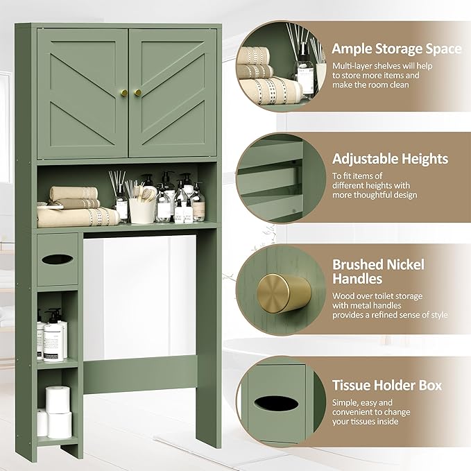 Meilocar 65.4" Over the Toilet Storage Cabinet, 29.1" Wide Bathroom Organizer with Toilet Paper Holder & Adjustable Shelf, Freestanding Space Saving Cabinet for Apartment, Laundry, Green