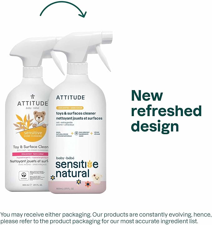ATTITUDE Baby & Kids Toy Cleaner Spray for Sensitive Skin, EWG Verified, Multi-Surface Cleaner for Toys, High Chairs & Play Areas, Naturally Derived, Vegan, Unscented, 27.1 Fl Oz