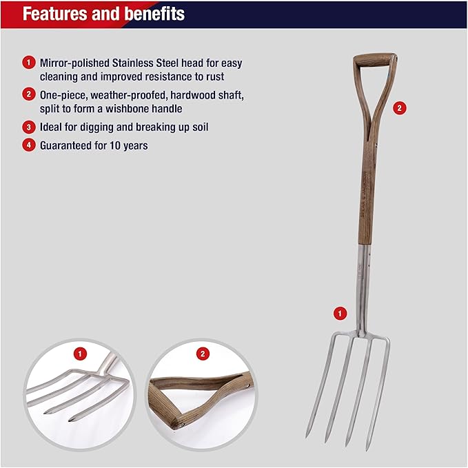 Spear & Jackson Traditional Stainless Steel Digging Fork, Heavy Duty Durable Stainless Steel Garden Tool, Ideal for Digging, Aerating, and Turning Soil