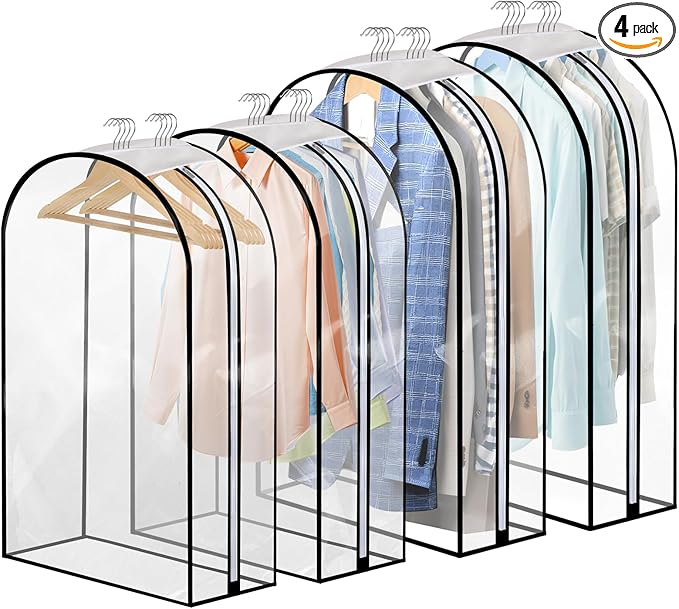Dntorx 4 Pack Full Clear Garment Bags with Side Zipper, 40&50" Clothes Covers with 10" Gusset, Transparent Hanging Suit & Coat Covers for Closet Storage, Jackets, Dresses, Windbreakers