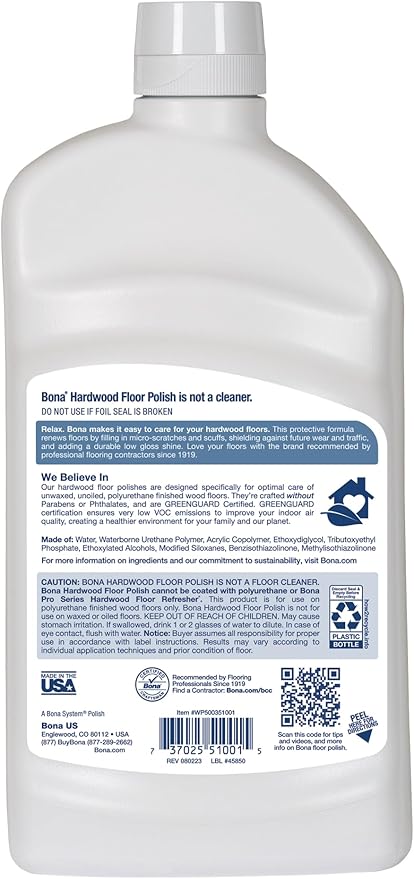 Bona Hardwood Floor Polish - 32 fl oz - Low Gloss Shine - Polish for Wood Floors - Protects and Renews Dull Flooring - Covers 500 sq ft (Pack of 2)