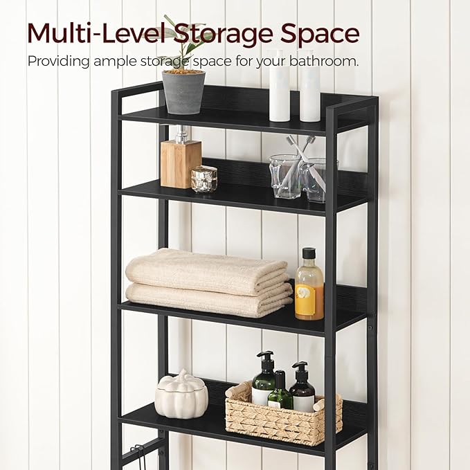 MAHANCRIS Over The Toilet Storage Rack, 4 Tier Bathroom Organizer Over Toilet, Freestanding Space Saver Toilet Stand with 2 Hooks, Bathroom Storage Shelf, Easy to Assemble, Black TSHB0401