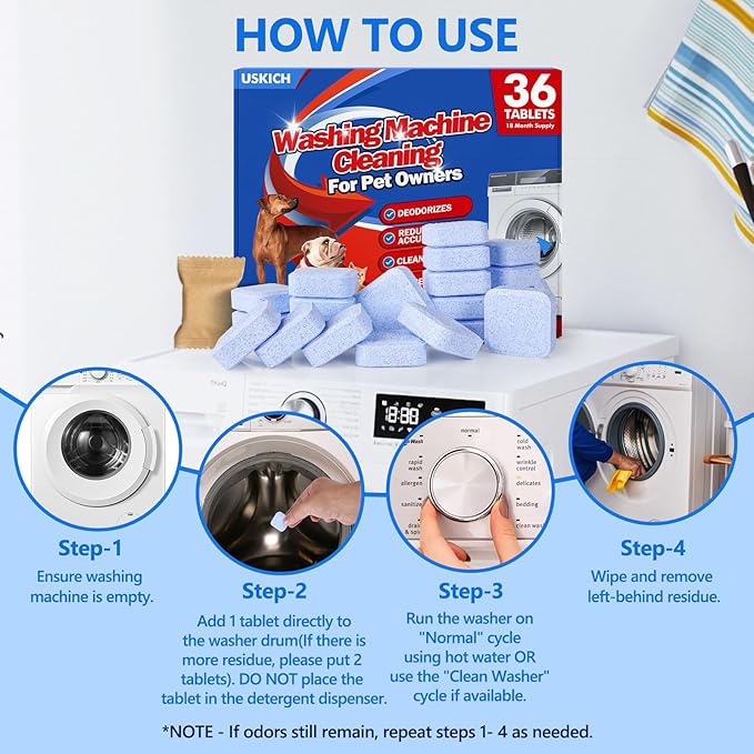 USKICH 36 Pack Washing Machine Cleaner Tablets For Pet Owners,Washer Machine Cleaner Remove Stubborn Pet Hair, Eliminates Smells,Compatible with HE, Top & Front Load Washer