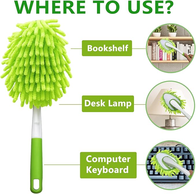 13 Inch Microfiber Feather Duster,with 4 pcs Washable Duster Head, Car Duster, Perfect for Cleaning Windows, Tables, Cars,Furniture, Walls, Fans, Screens