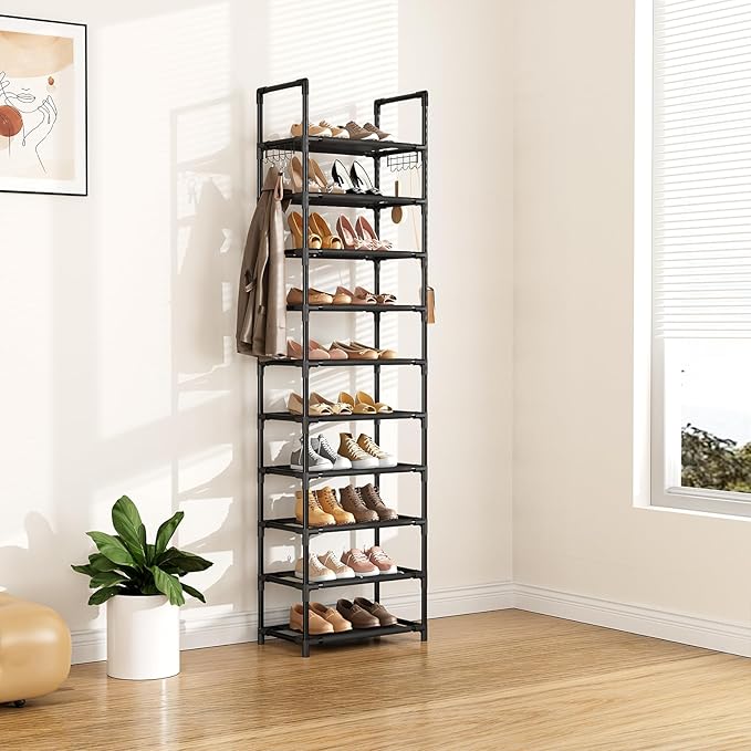 LANTEFUL 10 Tiers Shoe Rack 25 Pairs Large Capacity Tall Shoe Organizer Sturdy Shoe Storage with Two Hooks Space Saving Metal Narrow Shoe Rack for Closet, Entryway, Bedroom, Black