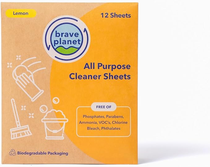 Brave Planet Eco-Friendly All-Purpose Cleaner Sheets – Biodegradable, Non-Toxic, No Parabens, Phosphates, or Ammonia – Fresh Lemon Scent – 12 Multi-Surface Dissolvable Sheets for Home