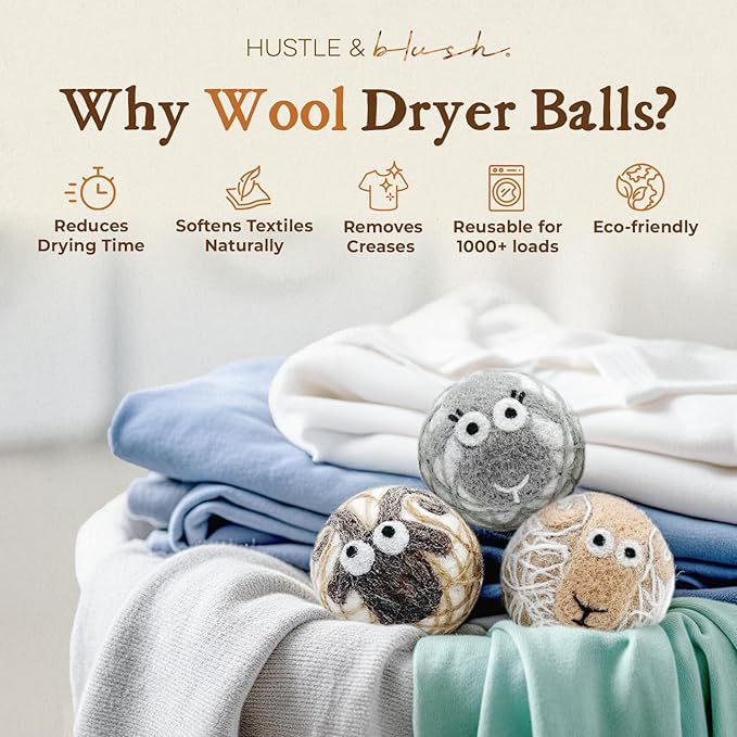 Hustle & Blush Fluff Ewes Wool Dryer Balls 3 Pack - Extra Large Lights Premium Hand Needled New Zealand Laundry Set, Reduces Drying Time, Static Control, Chemical Free Reusable for Essential Oils