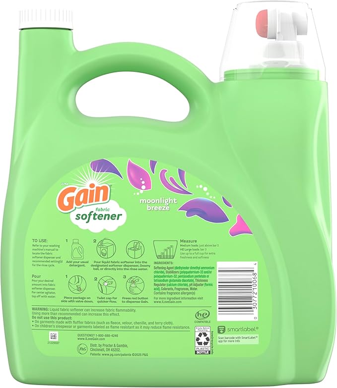 Gain Moonlight Breeze Fabric Softener, 140 FL OZ, 190 Load, Smooth Touch Laundry Conditioner Liquid
