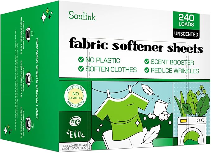 Soulink Fabric Softener Sheets for Washing Machine, No Plastic Jug Soap Strips, Alternative to Fabric Softener Liquid and Pods, Unscented Fragrance Free, Up to 240 Loads