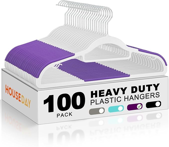 HOUSE DAY Plastic Hangers 100 Pack, White Clothes Hangers with Non Slip Purple TPR Grip, Heavy Duty Coat Hanger with 360º Swivel Hook, Slim Hanger Space Saving for Closet, Ideal for Shirt, Suit, Pant