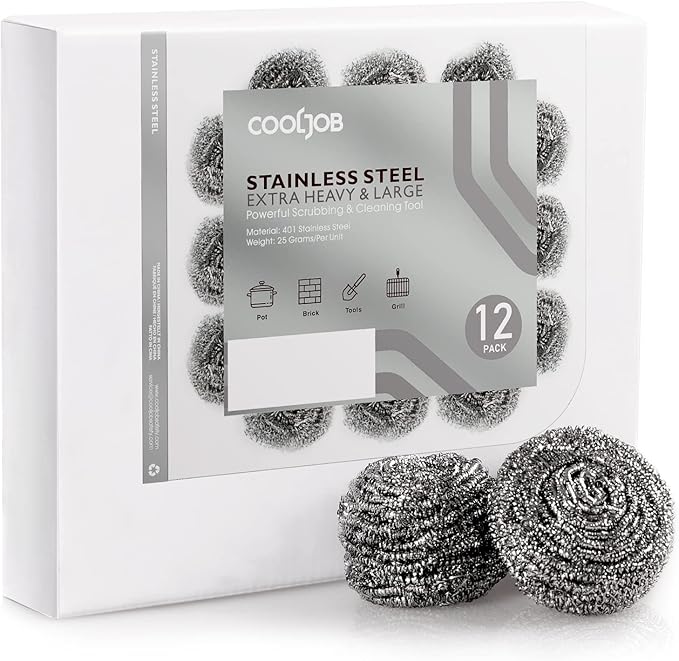 COOLJOB 6/12 Pack Stainless Steel Scrubber Sponges, Heavy Duty Tough Metal Scouring Pads for Dishes, Pans, Pots, Ovens, Uncoated Cookware, Powerful to Clean Grease Dirt Oil or Rust (Sliver, 25 Grams)