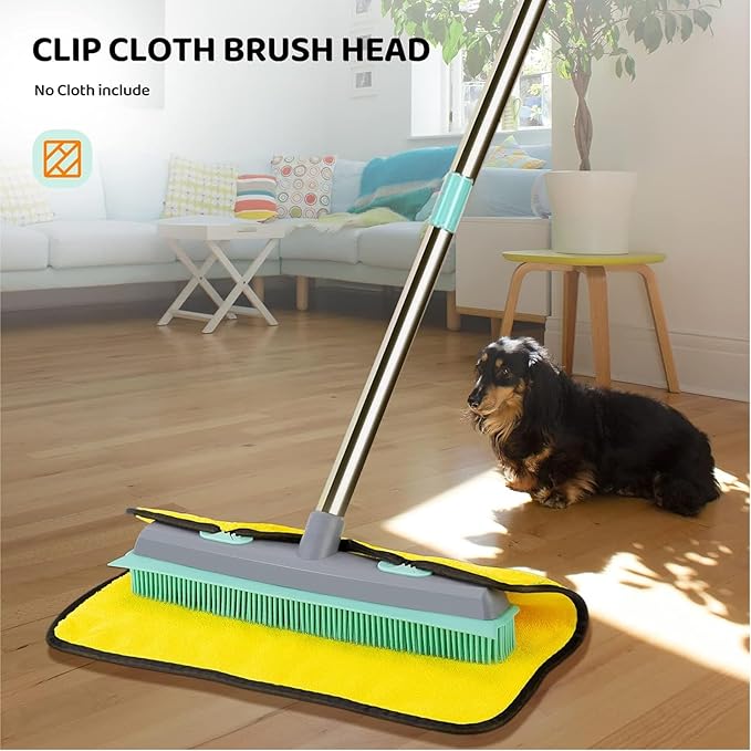 Pet Carpet Hair Rubber Broom with 49inch Long Handle, Portable Detailing Lint Remover, Soft Push Broom for Fluff Carpet, Hardwood, Tile, Window