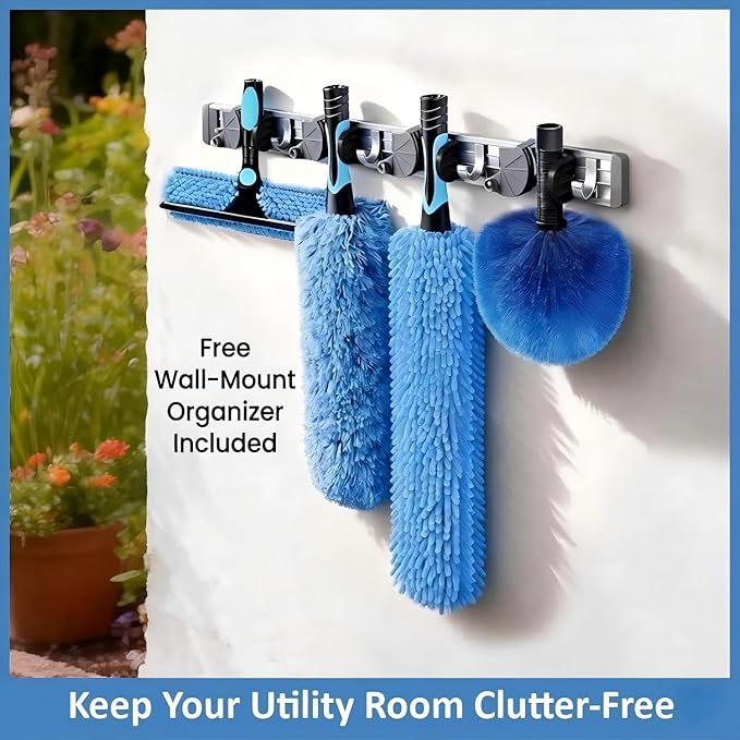20ft High Ceiling Duster Kits with 5-12ft Heavy Duty Extension Pole - Fan Blade Cleaner, Cobweb Remover & Blue Window Squeegee Kit, Washable Dust Brush for High Roof and Glass Surfaces