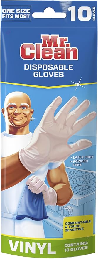 Mr. Clean Vinyl Gloves Disposable Single Use Latex Powder & BPA-Free with Beaded Cuff Construction Touch Sensitivity & Dexterity for Flexible Fit One Size Fits Most, 10-Count