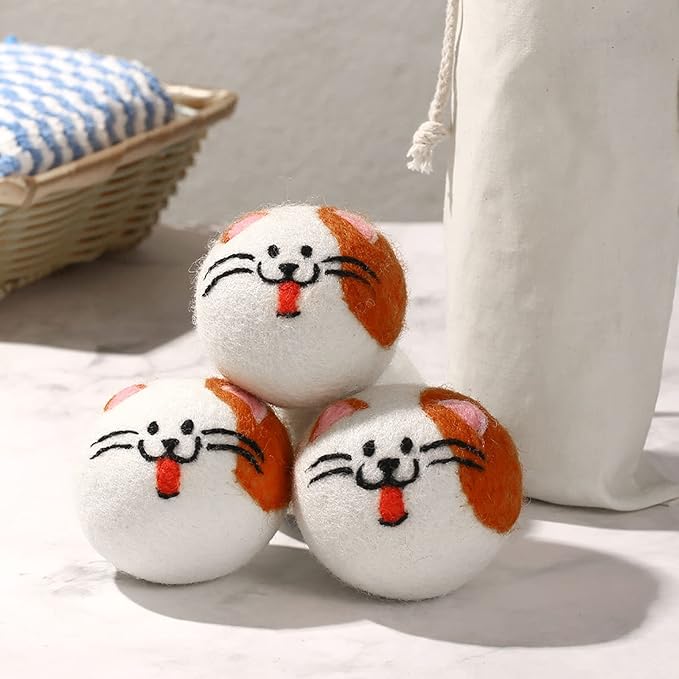 Dryer Balls Laundry Reusable - XL Wool Dryer Balls - Handmade Cute, Extra Large Dryer Balls, Shorten Drying Time, Organic Wool - Dry 1000+ Loads (3 Pack Cat Shape)