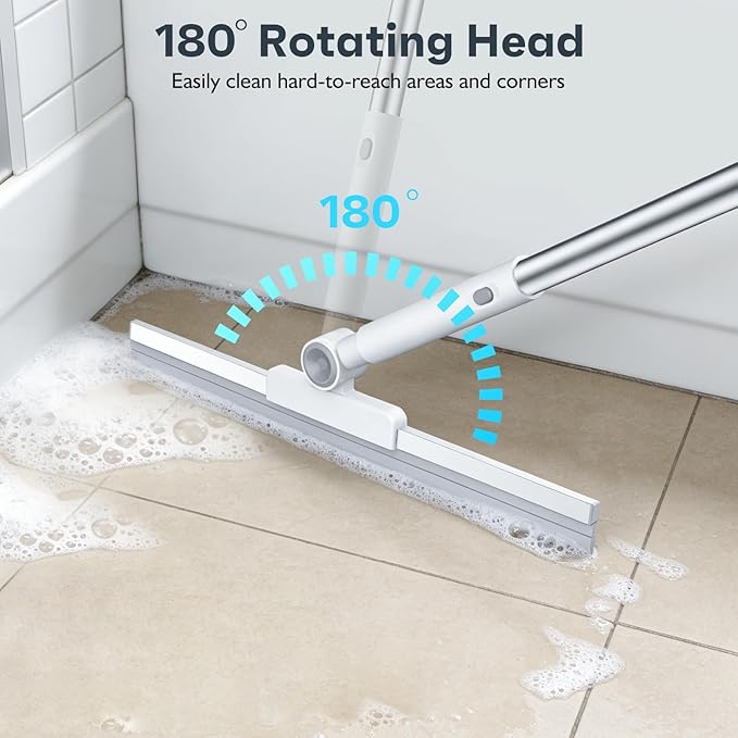 nacena Floor Squeegee, 52-in Adjustable Long Handle Squeegee for Floor Water Removal 180° Rotatable Head Squeegee Broom for Cleaning Window Shower Glass Tile Garage Concrete Pet Hairs, Grey&White