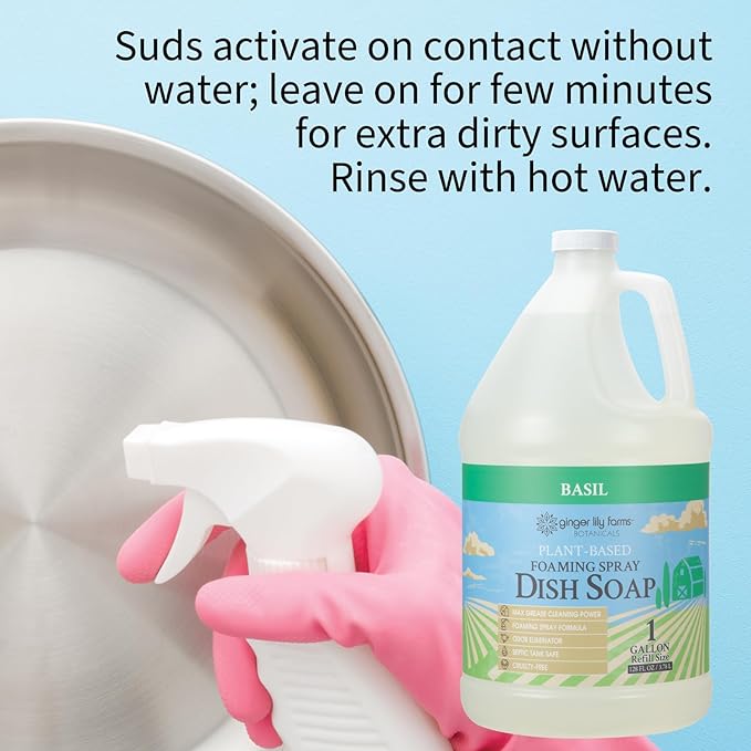 Ginger Lily Farms Botanicals Plant-Based Foaming Spray Dish Soap, Concentrated Formula with Max Grease Cleaning Power, Cruelty-Free, Basil Scent, 1 Gallon (Pack of 4)