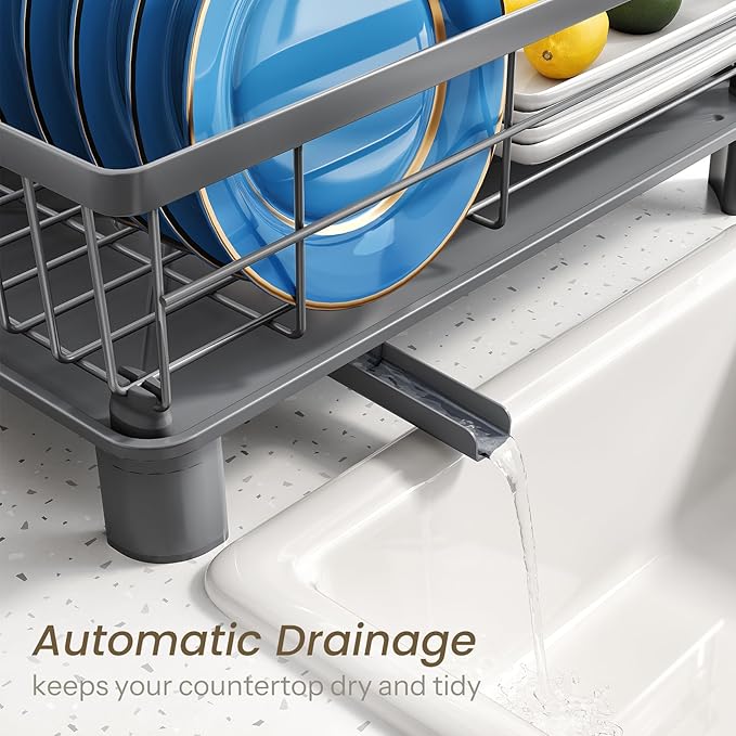 SNTD Dish Drying Rack - Small Dish Rack for Kitchen Counter, Stainless Steel Dish Drainer with Utensil Holder and Drainboard, 11" W x 15" L (Grey)
