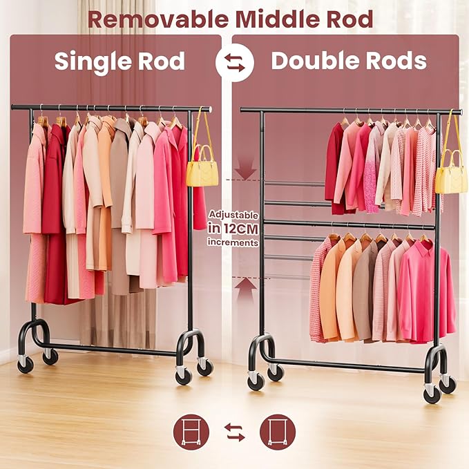 Heavy Duty Clothes Rack, 78.35" Rolling Clothing Rack for Hanging Clothes with Lockable Wheels, 6-Level Adjustable Double Rod Garment Rack for Bedroom, Laundry, Clothing Store, Black