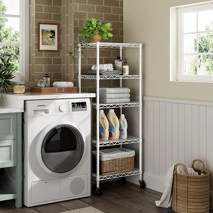 Golpart Small 5 Tier Shelves Storage Wire Shelving Unit Metal Shelf Adjustable Organizers Storage Shelving with Wheels for Bathroom Laundry Room Kitchen Pantry12”D x 18”W x 57.2”H White