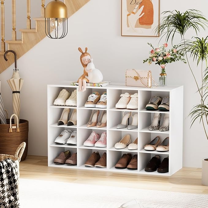 Garden 4 you Shoe Storage Bench, Cubby Shoe Rack with 16 Cubbies, 4-Tier Wood Shoe Rack Organizer, Shoe Organizer Cabinet for Entryway, Hallway, Closet and Garage, White