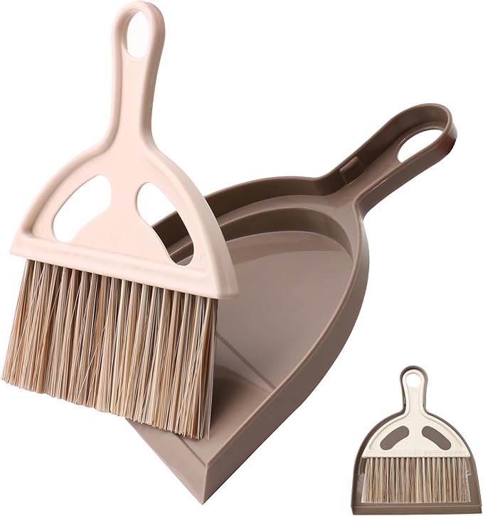 Mini Broom and Dustpan Set, Small Handheld Broom and Dustpan for Desk, Clip-On Hand Brush for Keyboard, Car Interior, Countertop, and Cat Litter Cleaning, Brown