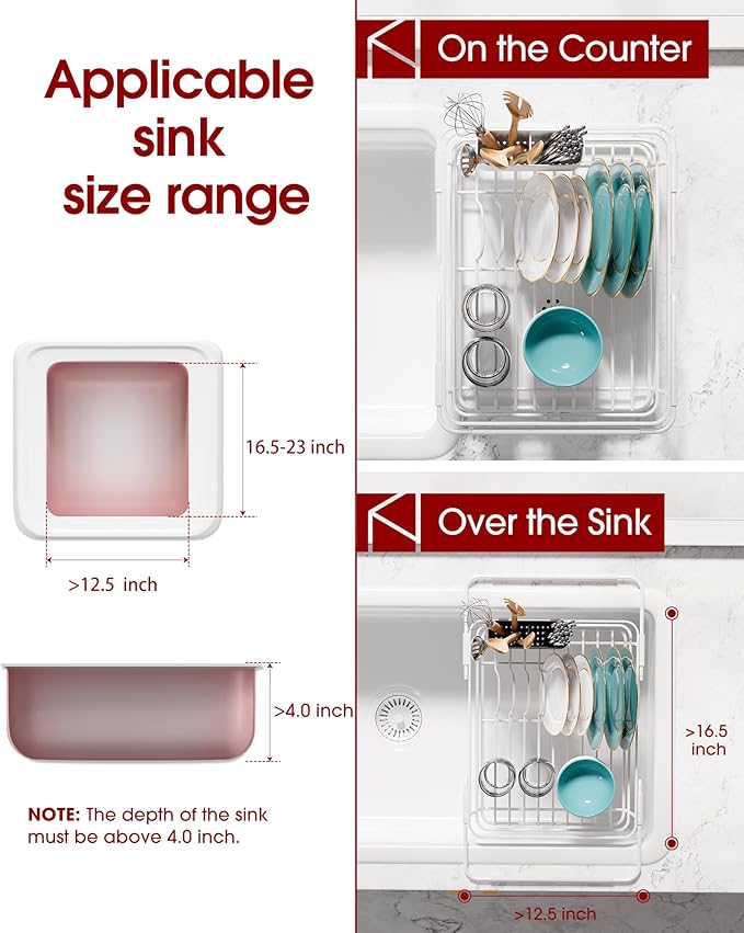 Sakugi Extendable Dish Drying Rack Over Sink with Dish Drainer, Sink Organization and Storage Essentials with Silverware & Utensil Holder, Home and Apartment Decor, 12" W x 16.1~23" L, White