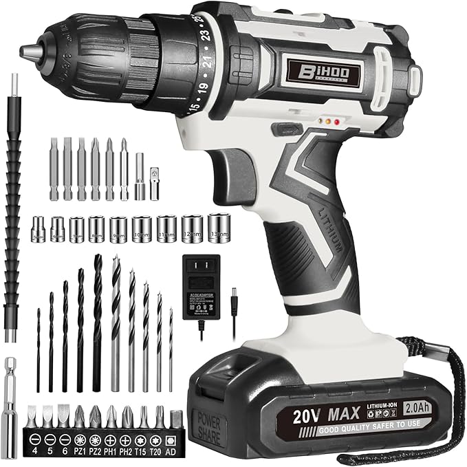 Cordless Drill Set,20V Drill Driver with Battery and Charger,3/8-Inch Keyless Chuck, Variable Speed,with Drills Bits Set,Gray