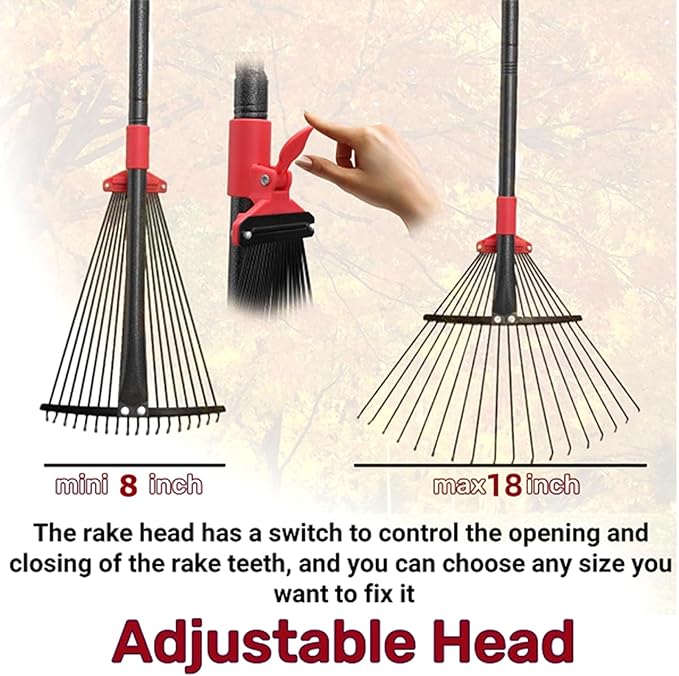 76 Inch Rake for Leaves, Adjustable 18 Metal Tines with Expandable Head Garden Rakes for Lawns Heavy Duty Metal Rake for Leaves Yard Gardening Grass Outdoor Debris