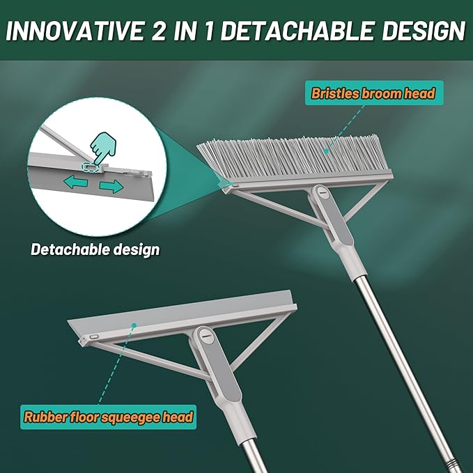 KOLLIEE 2 in 1 Floor Squeegee Broom Set Window Long Handle Rubber Squeegee Brush Mop Kit with Adjustable Handle 120° Rotating Angle Head for Wet Room Hard Floor Outdoor