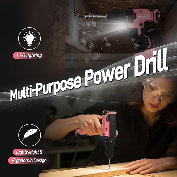COMOWARE Pink Household Tool Set with 20V Cordless Drill Driver, 120Pcs Hand Tool Kit for Women, Power Drill Set with Plastic Toolbox, Ideal for Office, Garden, DIY Project