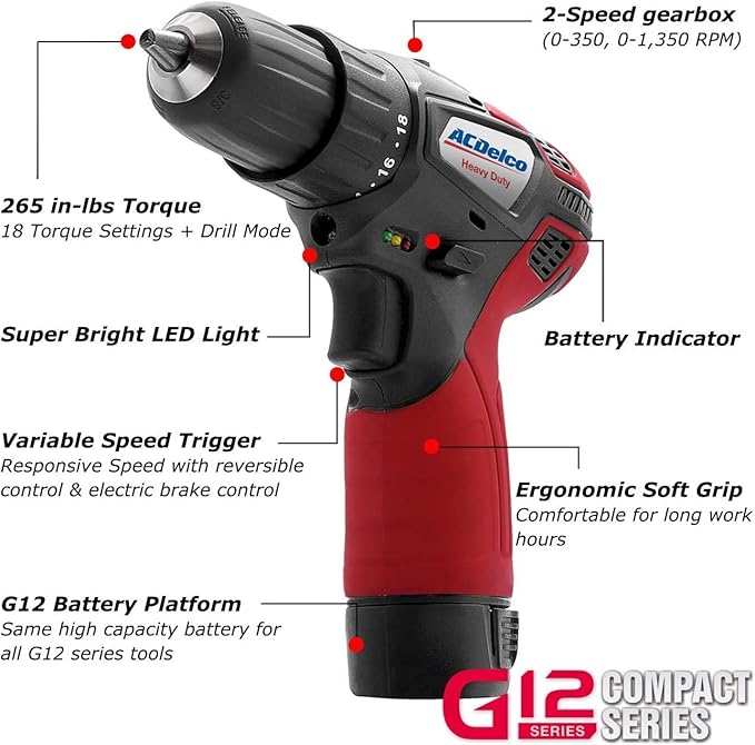ACDelco ARI12105-K5 G12 Series 12V Cordless Li-ion 3/8” 2-Speed Drill Driver & ¼” Impact Driver Combo Tool Kit