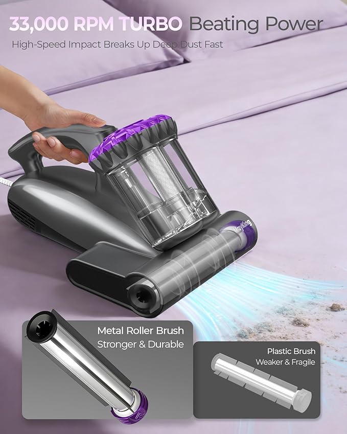 MayKing Mattress Vacuum Cleaner, 16kPa Pro Deep-Clean Bed Vacuum Cleaner with 33000 RPM/Min & 253.7nm UV-C Light, Handheld Vacuum with HEPA Filter, Ultrasonic & 149℉ Heat for Bed Sofa Crib, Model MV02