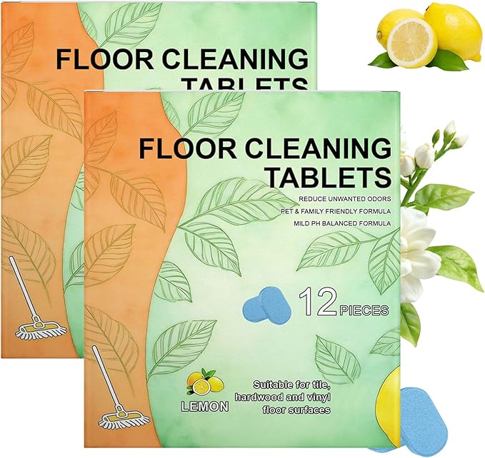 Floor Cleaner Tablets Hard Floor Cleaner Tablets, Deep Cleans for Multiple Hard Floors for Tile, Vinyl, Hardwood, Fresh Lemon Scent, Compatible with Robot Mops & Wet/Dry Vacuums(2PCS)