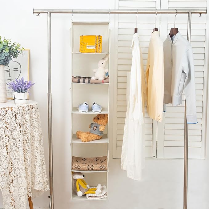 BrilliantJo 6 Shelves Hanging Closet Organizer, 2 Pack Hanging Storage with 4 Side Pockets for Clothes Shoes, 43.5"x12"x12"(Beige)