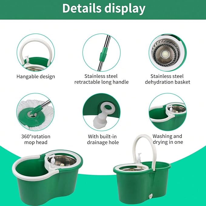 Spin Mop and Bucket with Wringer Set, 360° Spinning Mop Bucket System with 3 Microfiber Mop Replacement Heads, Adjustable Handle for Floor Cleaning (Green)