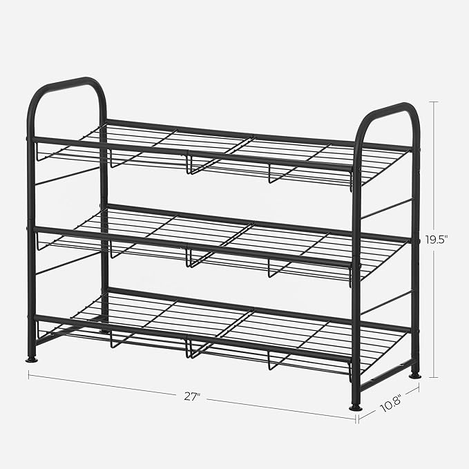 SONGMICS Shoe Rack, 3 Tier Shoe Organizer for Closet, Holds up to 12 Pairs of Shoes, Shoe Rack for Front Door Entrance, Metal Shoe Shelf with Adjustable Tilt Angle, for Entryway, Garage, Black