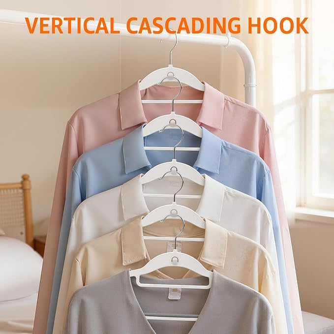 Yolife Cascading Plastic Clothes Hangers 10 Pack with Inner Hook for Vertical Storage, Slim Space Saving Hangers with Non-Slip Pads, 360° Swivel Metal Hook, Versatile, White & Gray