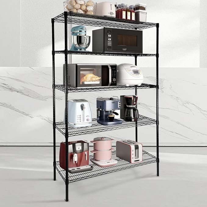 SUNLPH Heavy Duty 5-Tier Wire Shelving Adjustable Shelves Unit Metal Storage Rack Flat for Laundry Kitchen Pantry Garage Closet Organization (Black, 47.1" L x 17.6" W x 72.2" H)