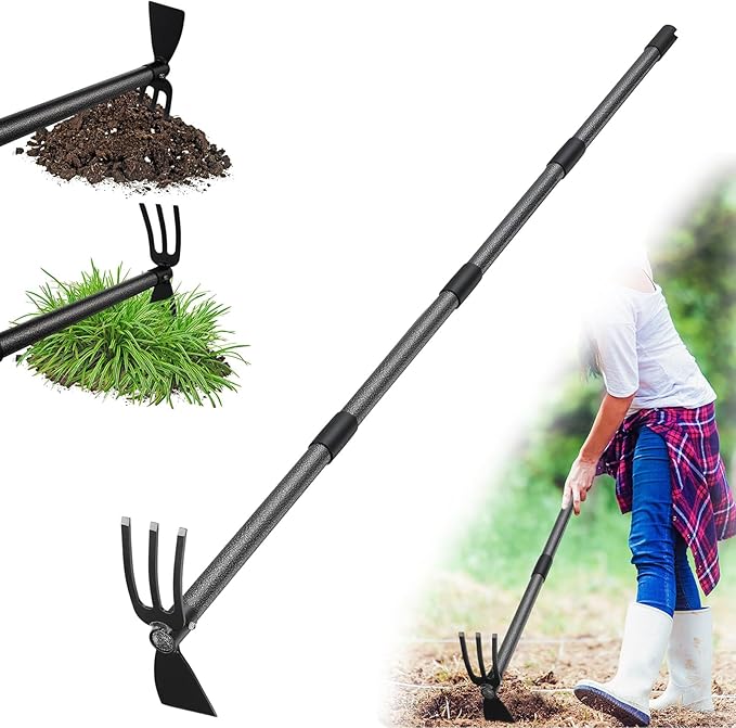 Hoe Garden Tool, 60 Inch Garden Hoe Adjustable Long Handle, 2 in 1 Garden Hoe for Weeding, Stainless Steel Weeder Tool for Yard Long Handle, Gardening Hoe for Planting, Lossening, Digging