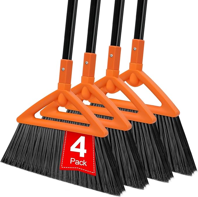 Heavy Duty Angle Broom 4 Pack - Orange Broom for Outdoor & Indoor, Garage, Driveway, Sidewalk, Kitchen & More, Long Handle
