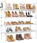 LANTEFUL 4 Tier Shoe Rack for Closet Shoe Organizer with 5 Hooks, Long Shoe Shelf Storage for Shoe and Boot Stackable Free Standing Shoe Rack for Entryway, Garage, Small Spaces, Dorm, White
