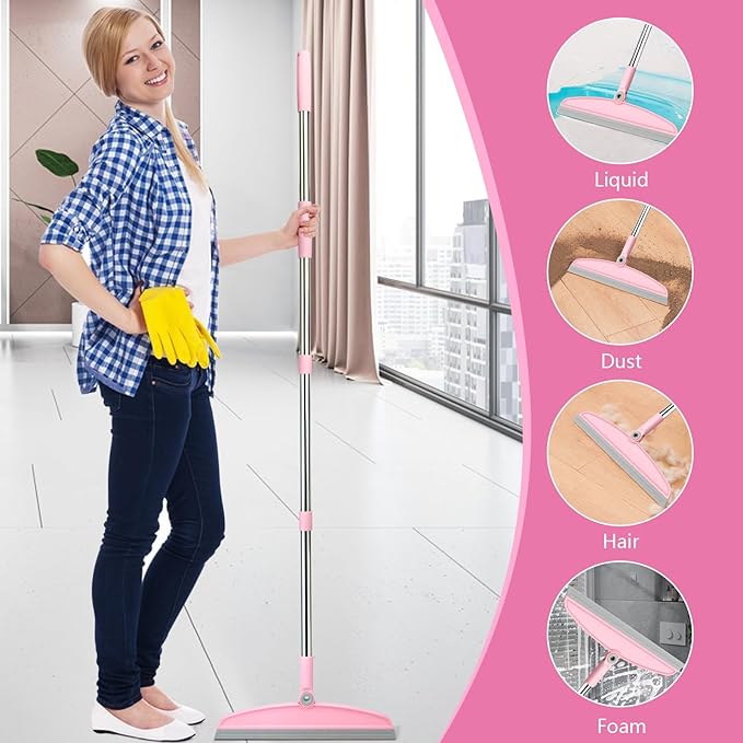 Multifunction Silicone Broom, 54 Inch Adjustable Long Handle Rubber Broom Sweeper for Floor Bathroom Kitchen Shower Pet Hair Glass(Gray Pink)