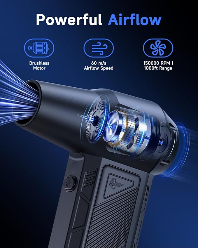 RapAir Compressed Air Duster -150000RPM Super Power 3-Gear Cordless Electric Air Duster with LED Light, Fast Charging Rechargeable Air Blower for Computer, Keyboard, Car, Outdoor and Home