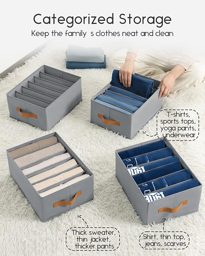 Homsorout Closet Organizers and Storage - Fabric Clothes Organizer with Handles, Foldable Jeans Organizer for Clothes, Drawer Organizer for Shirts, Bra, Sweater, Scarf, 8 Pack, Grey
