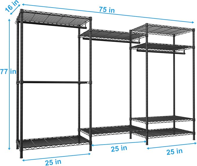 Ulif E13 Pro Heavy Duty Clothes Rack（With 4 Hanger Rods & 8 Shelves） Freestanding Clothing Racks for Hanging Clothes，Adjustable Closet，Metal Garment Rack 75" W x16 D x77 H，Max Load 1000LBS，Black