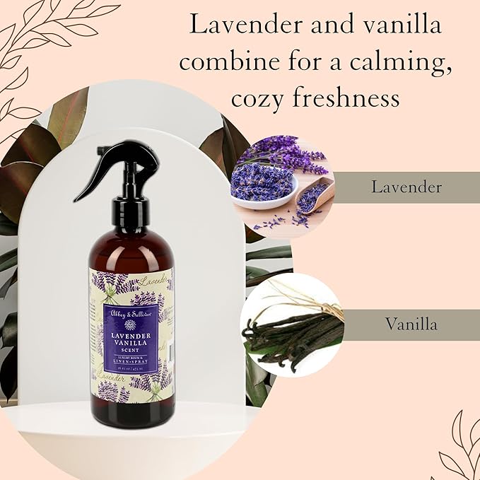 Abbey & Sullivan Linen Spray, Lavender Vanilla, Fabric Freshener and Odor Eliminator, Pack of 2, 16 oz
