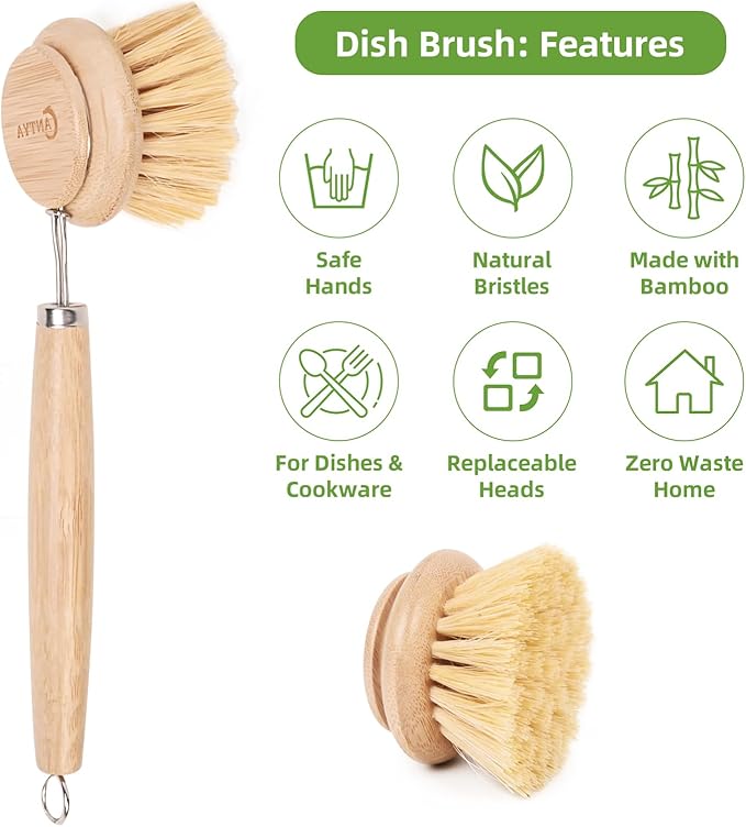 Bamboo Dish Brush - Bamboo Dish Scrubber, Eco-Friendly and Biodegradable, Vegetable Brush Suitable for Cookware, Bowls and Plates, Non-Stick Pans(Soft Bristle)